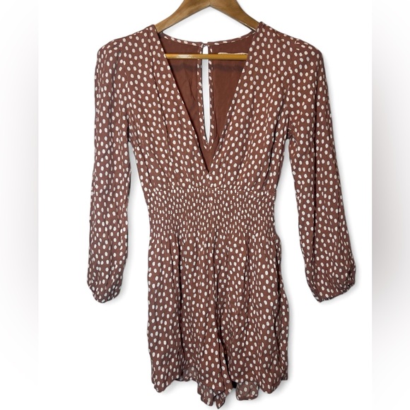 Abercrombie & Fitch Pants - Abercrombie & Fitch A&F Brown White Polka Dot V Neck Long Sleeve Romper Women XS